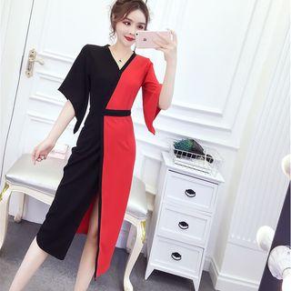 Elbow-sleeve Color Block Slit Midi Dress