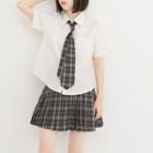 Set: Short-sleeve Shirt + Plaid Pleated Skirt + Tie