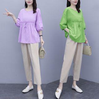 Set: Ruffle 3/4-sleeve Top + Crop Straight Fit Pants