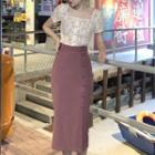Short-sleeve Lace Top / Slit Mini Pencil Skirt