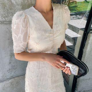 Fringed V-neck Ruffle Hem Midi A-line Dress