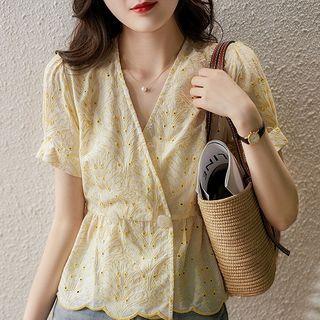 Short-sleeve V-neck Floral Embroidered Blouse