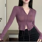 Long-sleeve V-neck Cropped T-shirt Dark Purple - One Size