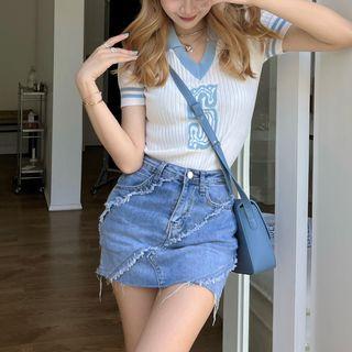 Blue Pattern Knit Short-sleeve T-shirt White - One Size