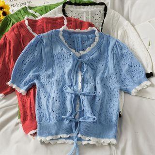 Contrasted Tie-front Knit Top In 6 Colors