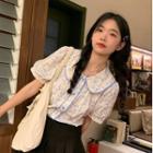 Short-sleeve Peter Pan Collar Floral Top White - Blue Floral - One Size