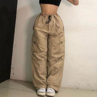 Plain High Waist Drawstring Wide-leg Cargo Pants