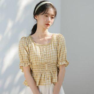 Puff-sleeve Gingham Ruffled Blouse