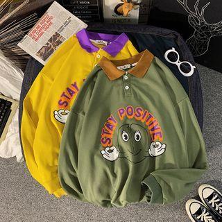 Contrast Collar Smiley Face Print Polo Sweatshirt
