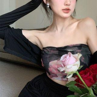 Plain Light Cardigan / Flower Print Tube Top / Plain High-waist Loose-fit Pants