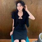 Set: Short-sleeve Tie-front Cropped Jacket + Mini Tank Dress Black - One Size