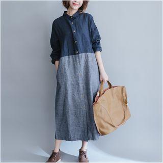 Pinstriped Panel Long-sleeve Denim Midi Shirt Dress