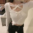 Long-sleeve Tie Neck Lace Panel Top