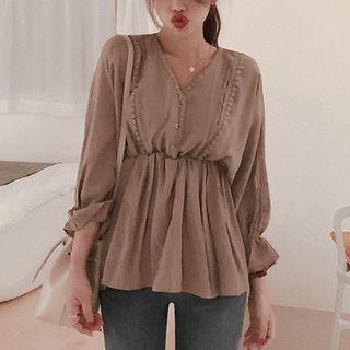 Tie-waist V-neck Ruffled 3/4-sleeve Blouse Chocolate - One Size