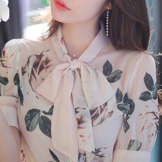 Tie-neck Short-sleeve Floral Chiffon Blouse