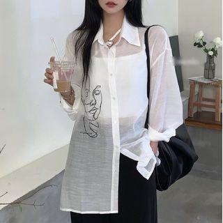 Long-sleeve Printed See-through Sheer Blouse
