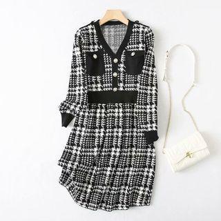 V-neck Plaid Knit Midi A-line Dress Black & White - One Size
