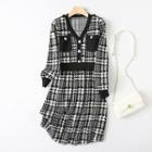 V-neck Plaid Knit Midi A-line Dress Black & White - One Size