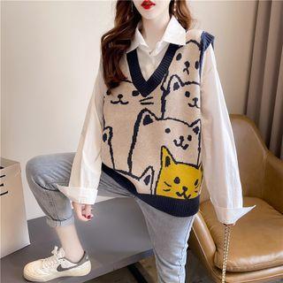Cat Print Sweater Vest Gray - One Size