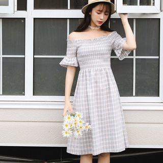 Plaid Off-shoulder A-line Dress As Shown In Figure - One Size