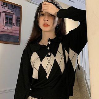 Argyle Print Polo Knit Top Black - One Size