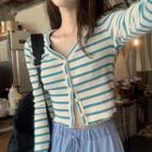Striped Single-breasted Long-sleeve T-shirt As Shown In Figure - One Size