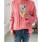Distressed Cable-knit Sweater Pink - One Size