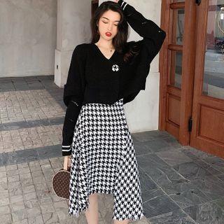 Set: V-neck Cropped Cardigan + Asymmetric Houndstooth A-line Skirt