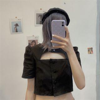 Short-sleeve Cutout Blouse Black - One Size