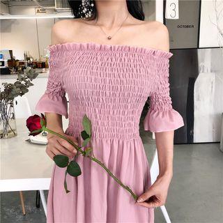 Off-shoulder Shirred Elbow-sleeve Dress