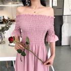 Off-shoulder Shirred Elbow-sleeve Dress