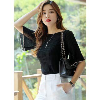 Piped Belle-sleeve Rib-knit Top