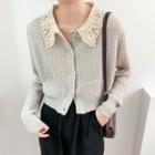 Two Tone Lace Button-up Oversize Cardigan Gray Beige - One Size