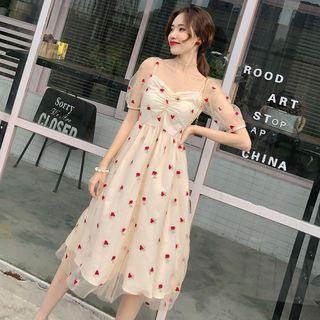 Short-sleeve Rose Embroidered A-line Mesh Dress