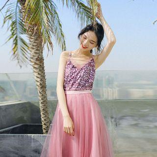 Set: Floral Print Cami Top + Midi A-line Mesh Skirt
