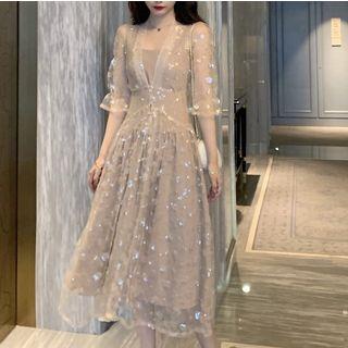 V-neck Mesh Paneled Sequined Dress
