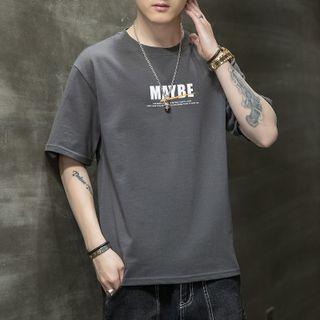 Lettering Print Round Neck Over-sized Short Sleeve T-shirt