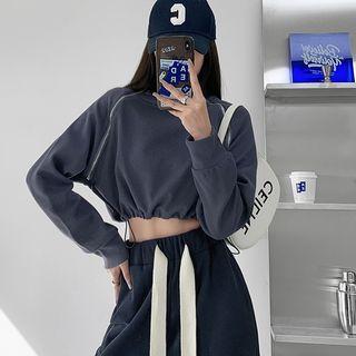 Zipper Mock-neck Drawstring-hem Cropped Sweatshirt