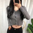 Plain V-neck Single-breasted Slim-fit Cropped Long-sleeve T-shirt
