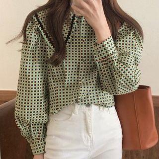 Contrast Color Plaid Long-sleeve Blouse