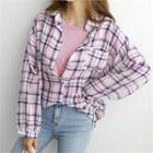 Drop-shoulder Plaid Shirt Pink - One Size