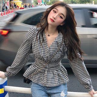 V-neck Checked Blouse Plaid - One Size