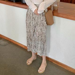 Snake-print Crinkled Long Skirt