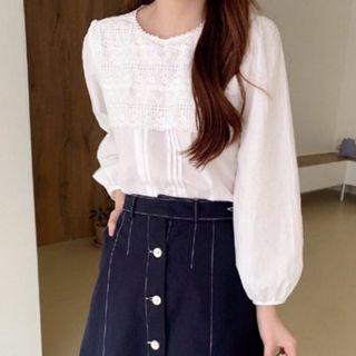 Crewneck Lace Blouse White - One Size