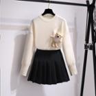 Bear Detail Sweater / Mini Pleated Skirt / Set