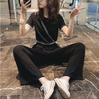 Contrast Trim T-shirt + Plain Wide-leg Pants