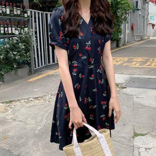 Short-sleeve Cherry Print Mini A-line Dress / Short-sleeve Floral Mini A-line Dress
