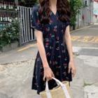 Short-sleeve Cherry Print Mini A-line Dress / Short-sleeve Floral Mini A-line Dress