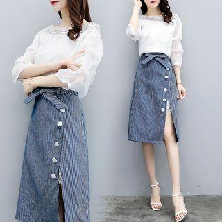 Set: Off-shoulder 3/4-sleeve Blouse + Striped Buttoned A-line Skirt