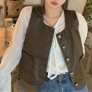 Plain Blouse / Single-breasted Faux Leather Vest